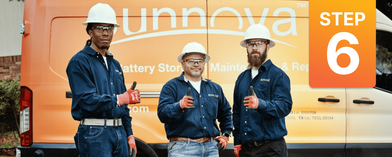 Sunnova team with hardhats and safety glasses giving a thumbs up that the solar system is running