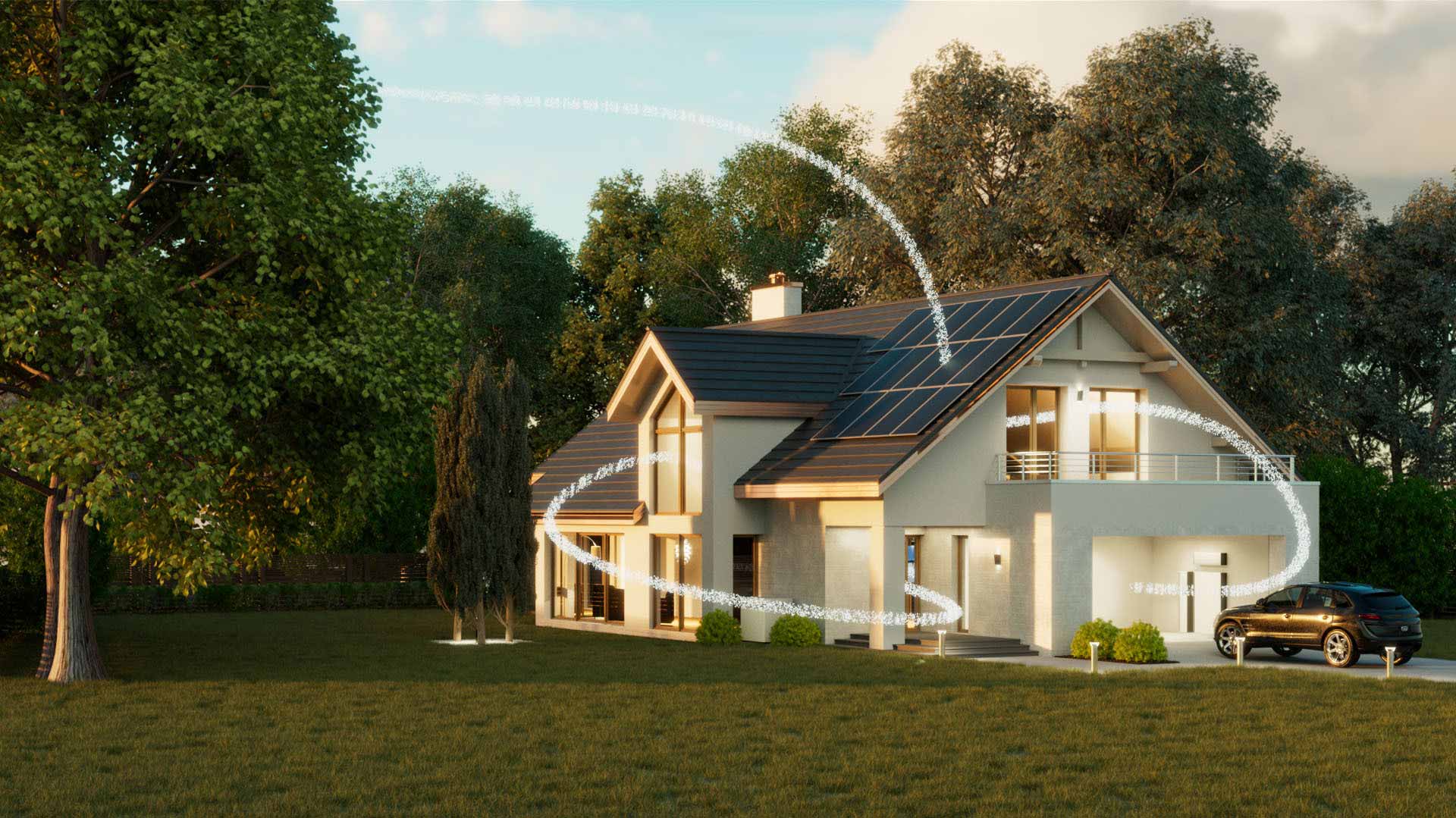a house with solar panels on the roof surrounded by trees